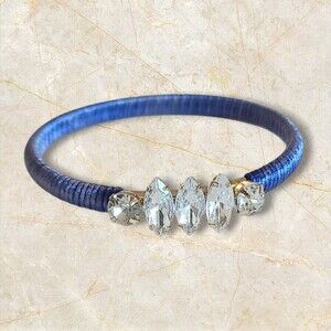 Chunky Rhinestone Blue Cord Wrapped Bangle Gold Tone Bracelet